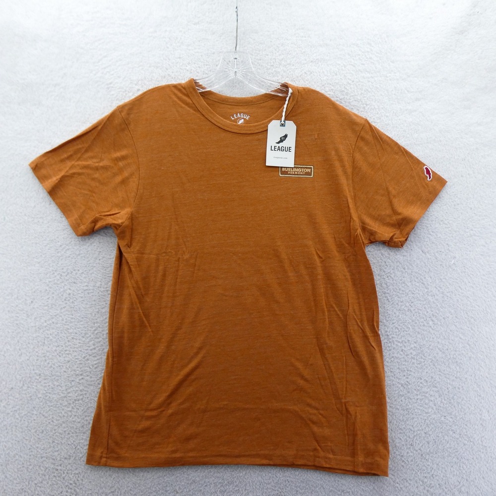 League Shirt Mens Large Burlington Vermont Orange Hiking Graphic Recycled Fabric